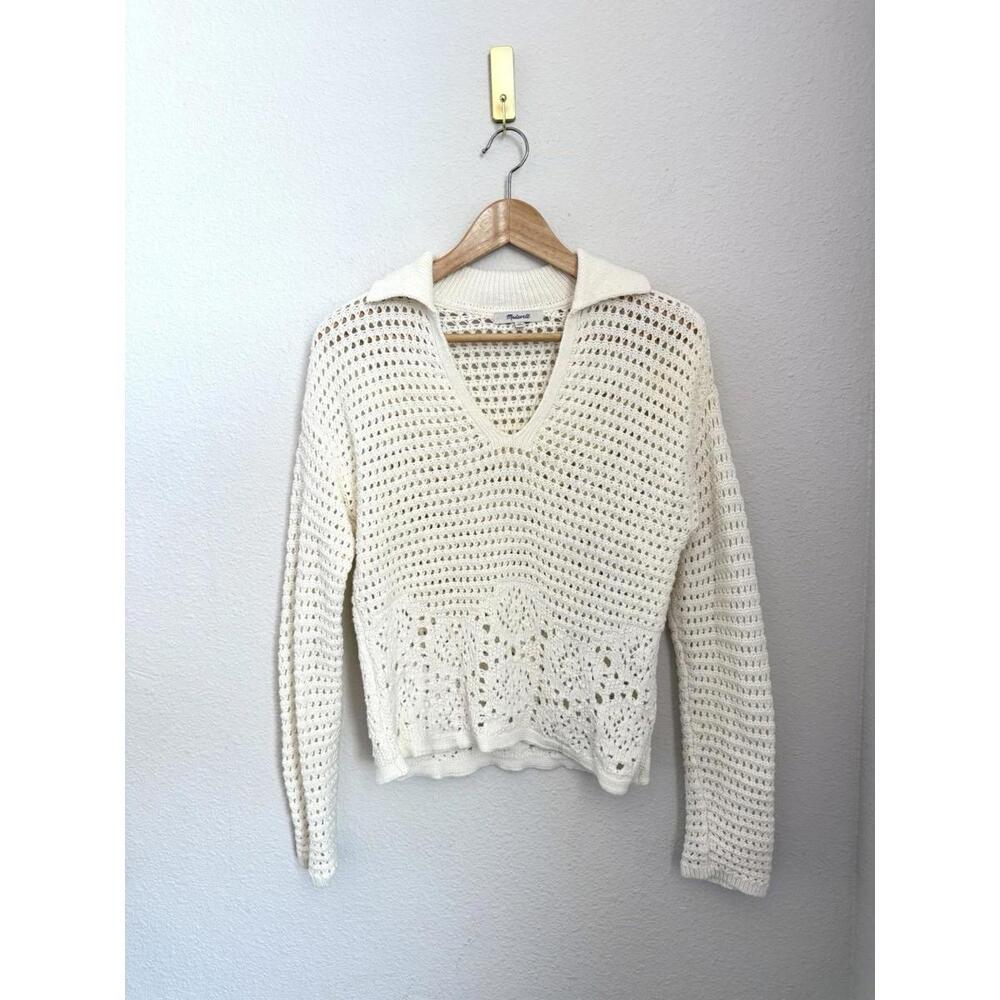 Madewell Crochet Polo Classic White Knit Collared Cotton Sweater US Women's XS